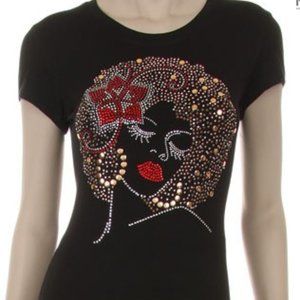 Red Flower Bows and Afros Black Short Sleeve Rhinestone Tee NWT